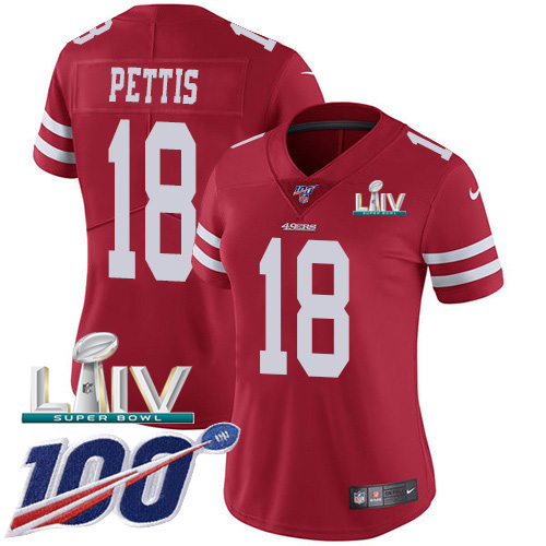 San Francisco 49ers Nike #18 Dante Pettis Red Super Bowl LIV 2020 Team Color Women Stitched NFL 100th Season Vapor Limited Jersey